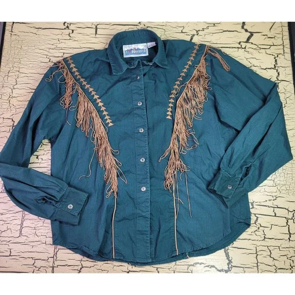I Love Cowboys Out West Country Western Shirt Tassels Embroidered Button Up Med - Picture 7 of 14